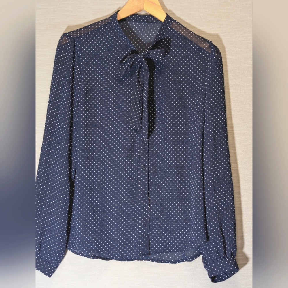 Navy Blue and White Polka Dot Chiffon Long Sleeve Top size Medium